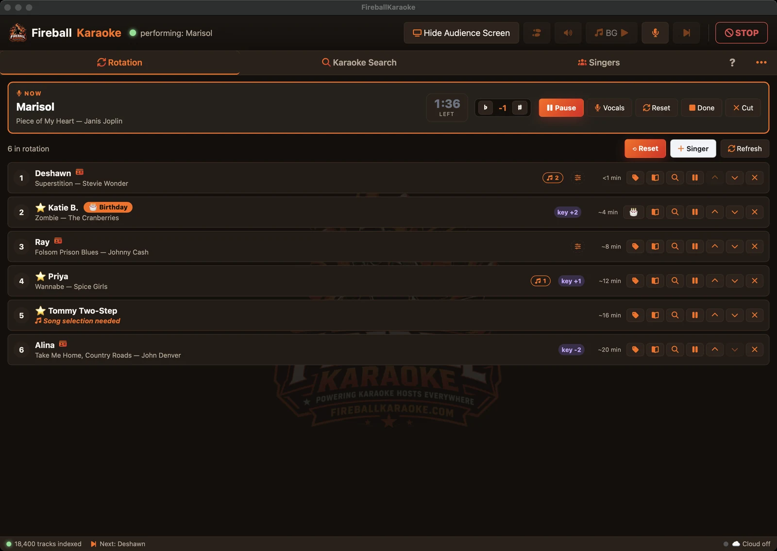 The FireballKaraoke plugin mid show: a singer performing with a countdown, and the rotation behind them with songs, saved keys, and wait times.